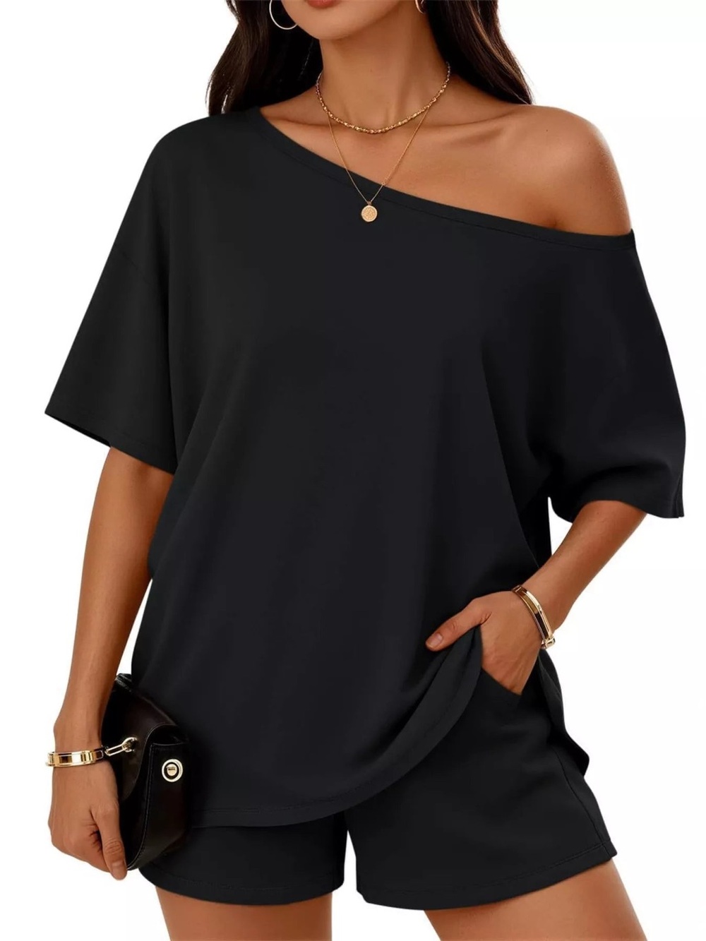 Women's Black One-Shoulder Short Sleeve Relaxed Tee